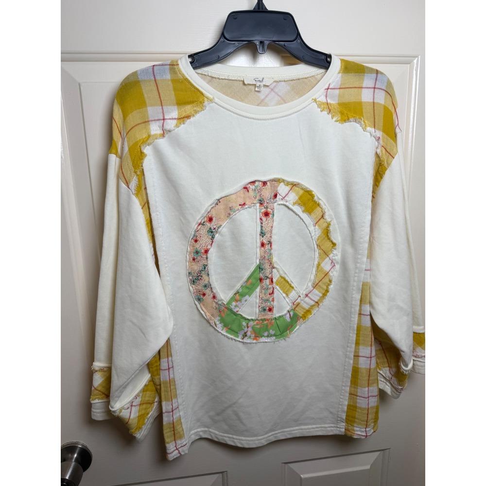 Easel Patchwork Peace Sign Top Yellow Plaid Floral Boho Chic Sweatshirt